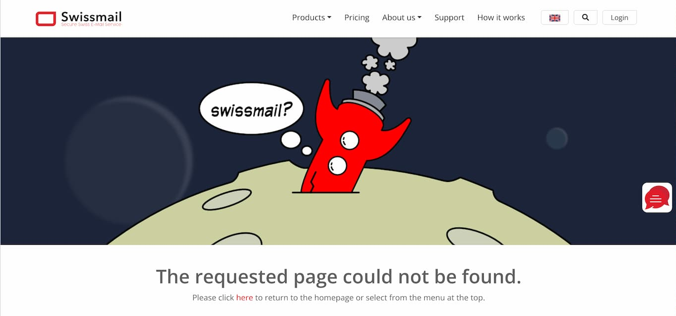 Swissmail.org 404 error page showing &lsquo;Page Not Found&rsquo; message for the trial registration URL.