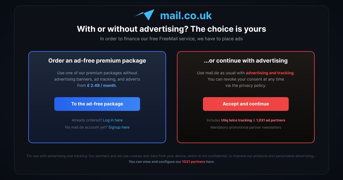 Comparison of Mail.co.uk's ad-free &pound;2.49 plan with its free tier, which asks consent to tracking by 1,031 ad partners.