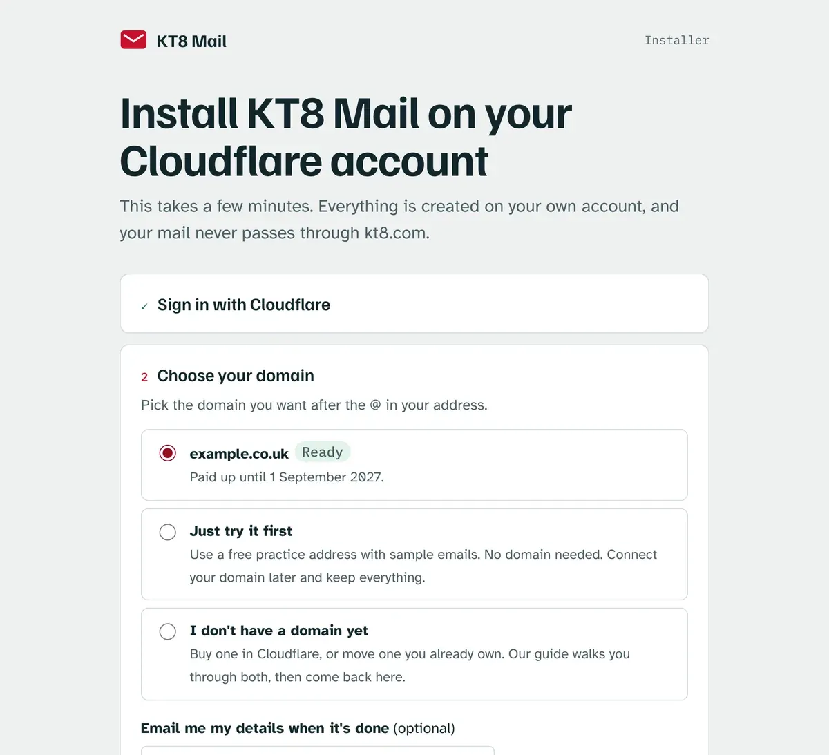The KT8 Mail installer, showing the Sign in with Cloudflare step done and a list of domains to choose from