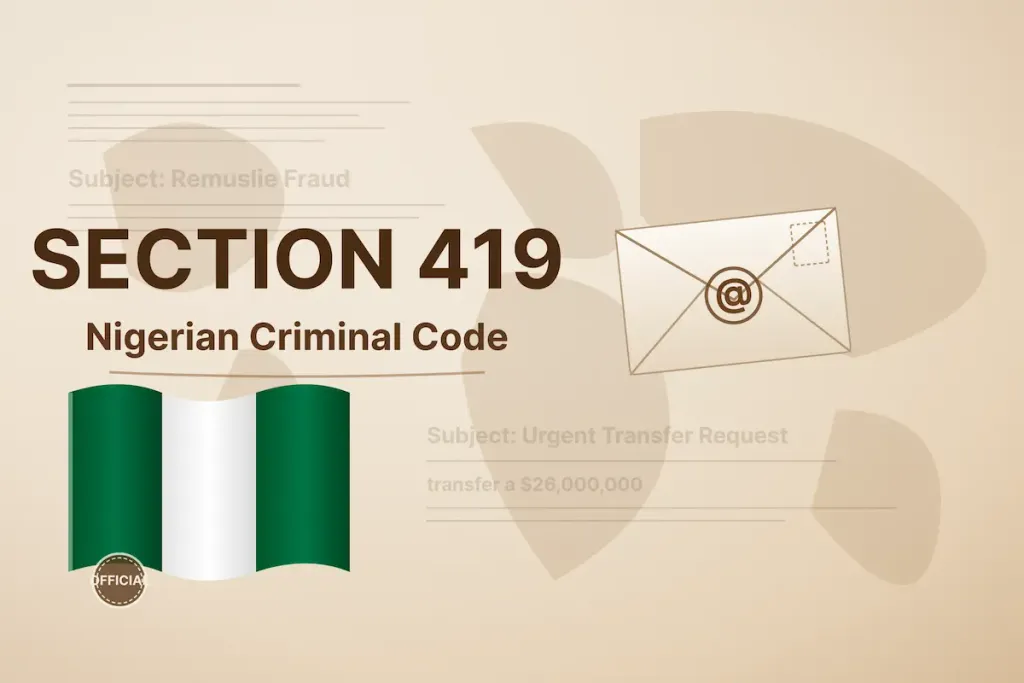 Section 419 Nigerian Criminal Code graphic with Nigerian flag and scam email graphic.