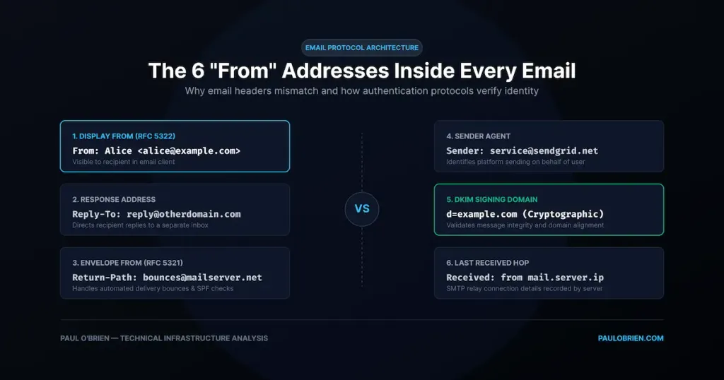 Diagram of the 6 sender addresses in email headers, including Display From, Return-Path, and DKIM domain.
