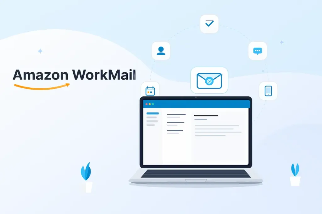 Amazon WorkMail logo beside a laptop displaying an email interface surrounded by productivity icons
