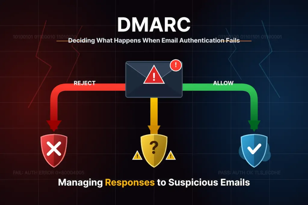 DMARC policy flowchart showing reject, quarantine, and allow routes for suspicious emails.