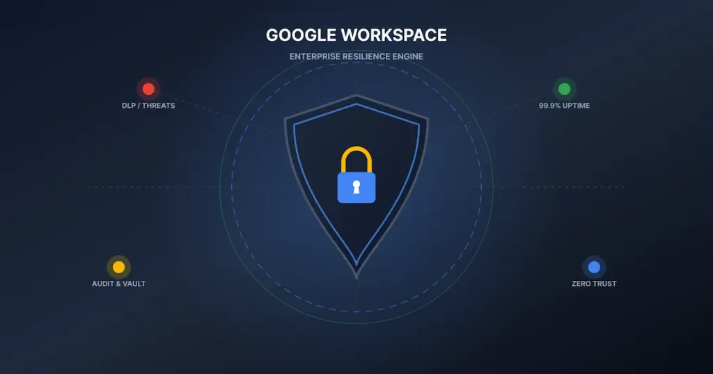 Google Workspace security graphic showing central lock shield with DLP, Audit, Uptime, and Zero Trust nodes.