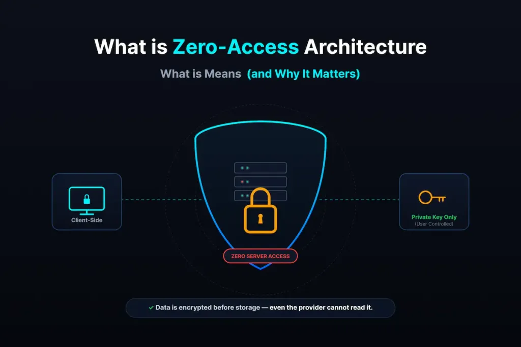 Diagram of Zero-Access Architecture showing client-side encryption and user-controlled private keys.