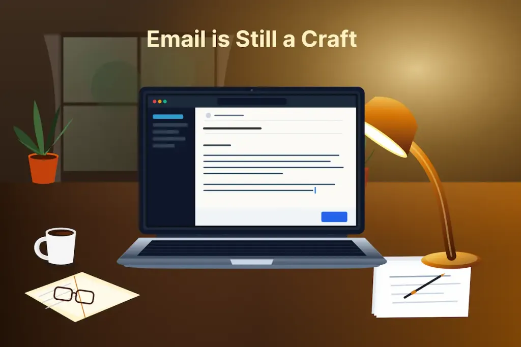 Laptop open to an email draft on a cozy desk with a lamp, coffee mug, glasses, and notepad.
