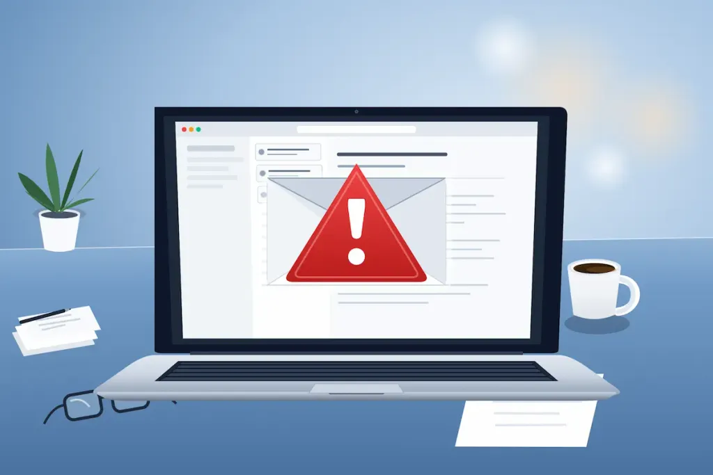 Laptop screen displaying an envelope with a large red warning exclamation mark on a desk setup.