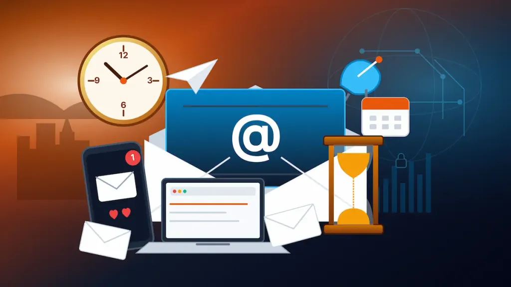 Illustration of screens, envelopes, an hourglass, and a clock symbolising the enduring role of email.