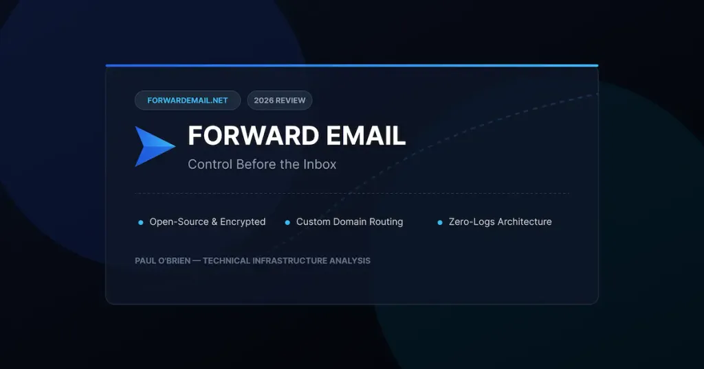 Forward Email banner listing open-source, encrypted, custom domain routing, and zero-logs architecture.