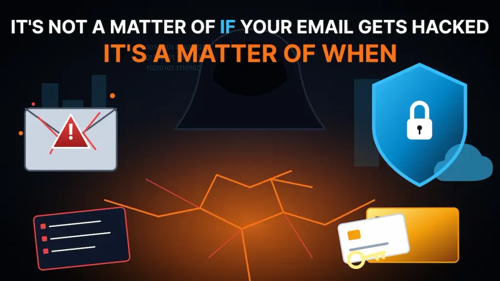 Security alert graphic with text reading it is not a matter of if your email gets hacked it is when.