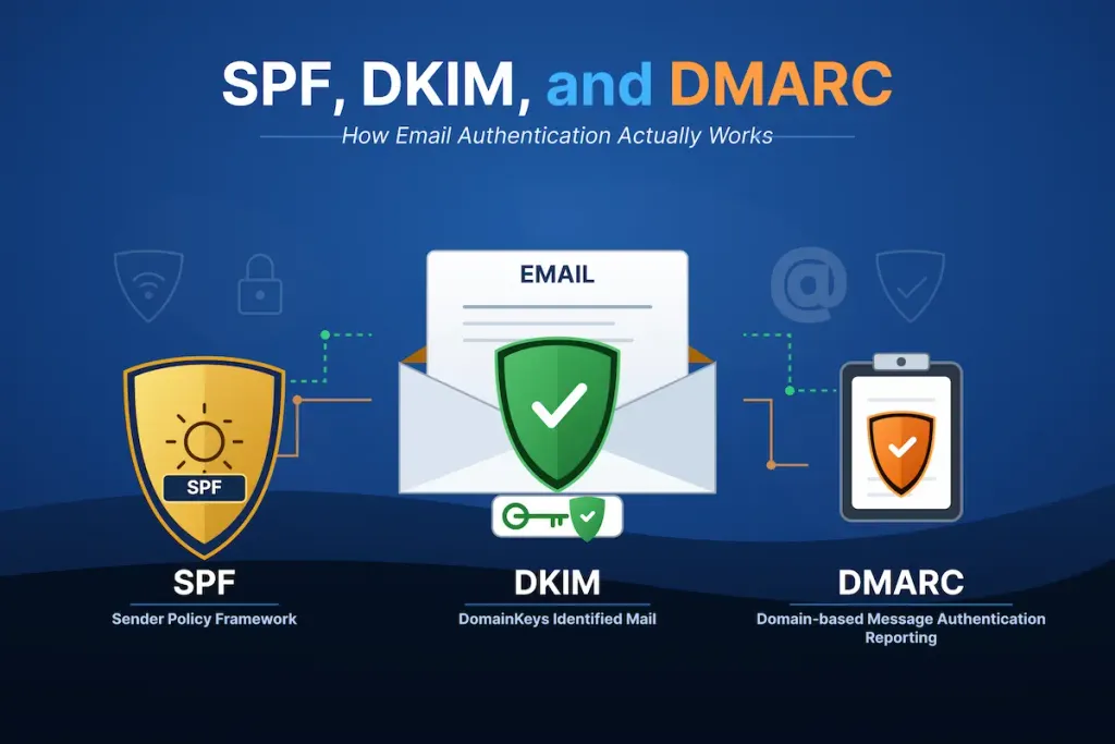 Diagram illustrating SPF, DKIM, and DMARC email authentication mechanisms securing an envelope.