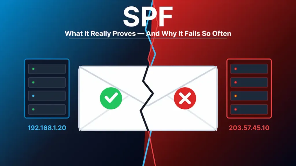 SPF diagram comparing an authorized IP address passing validation versus an unauthorized IP failing.