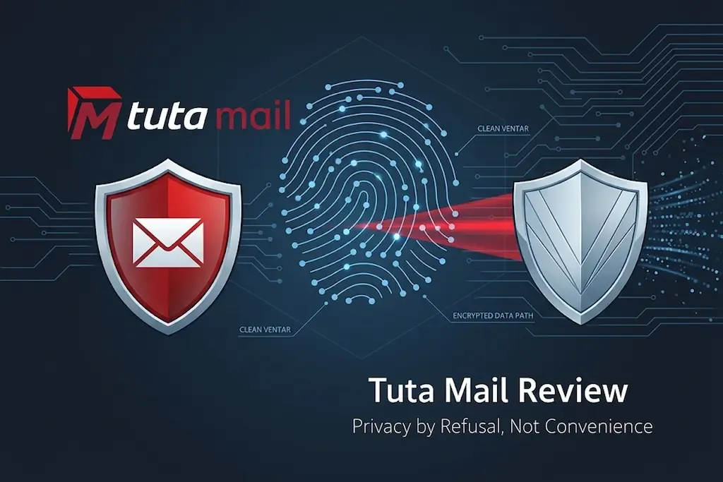 Tuta Mail review graphic featuring a fingerprint scan, security shields, and clean data path text.