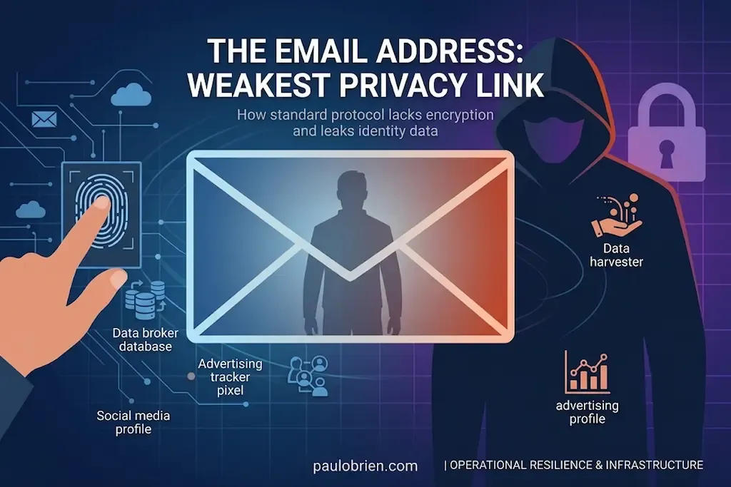 Diagram illustrating how email addresses leak identity data across data brokers, tracker pixels, and ad profiles