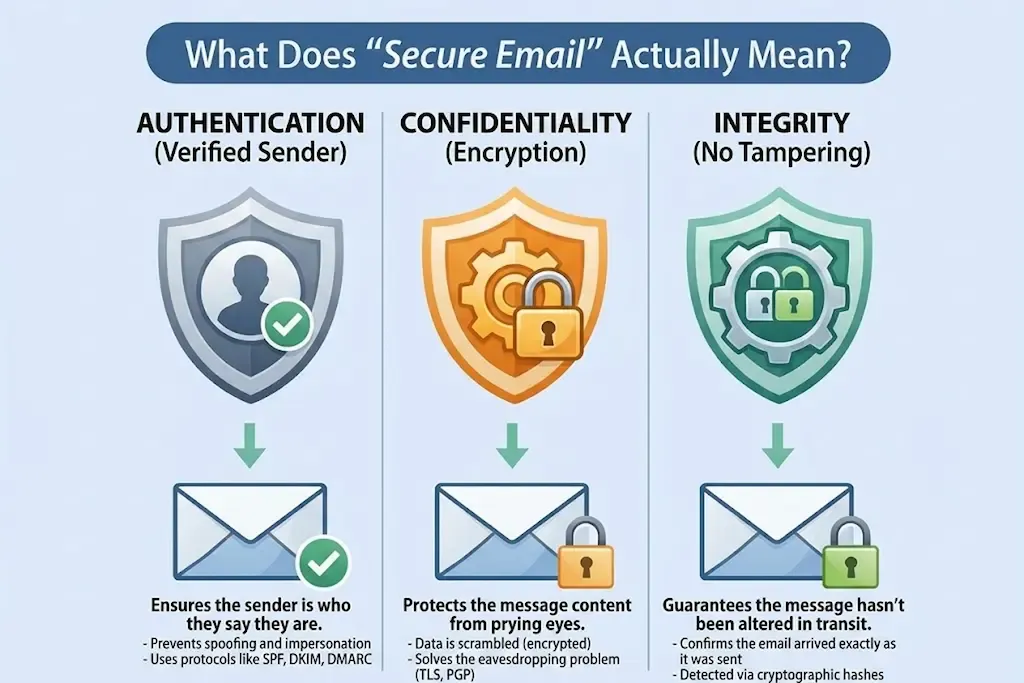 Infographic explaining secure email principles: Authentication, Confidentiality, and Integrity.