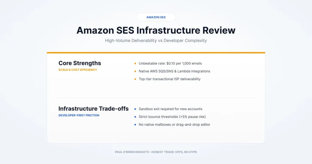 A feature comparison card for Amazon SES. The top section lists core strengths including scale and cost efficiency. The bottom section details infrastructure trade-offs and developer friction