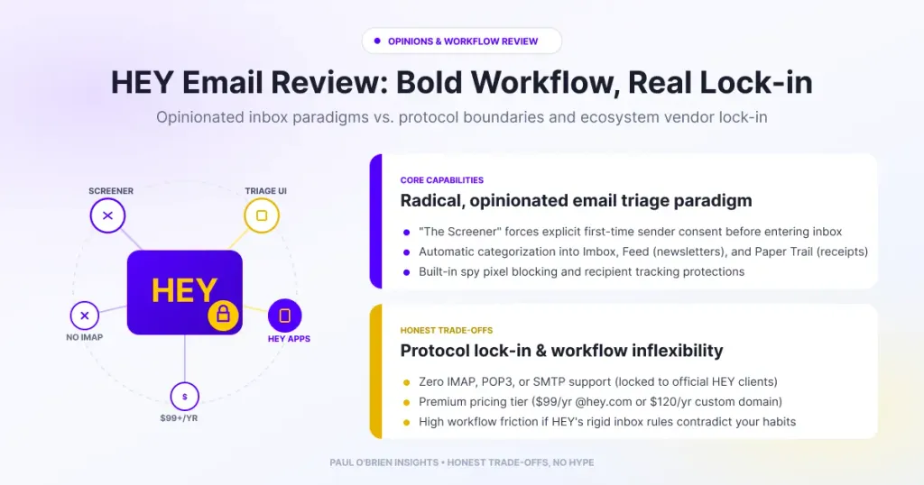 Infographic for "HEY Email Review" showing core capabilities (Screener, triage) and trade-offs (no IMAP, app lock-in).