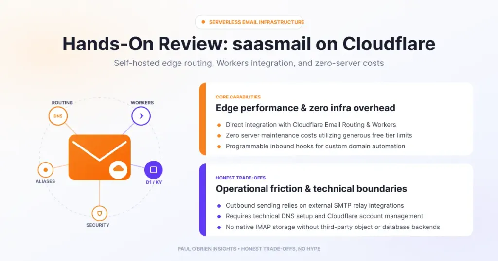 Infographic titled "Hands-On Review: saasmail on Cloudflare" detailing core capabilities (Workers integration, zero server costs) and trade-offs (external SMTP relay, technical setup).