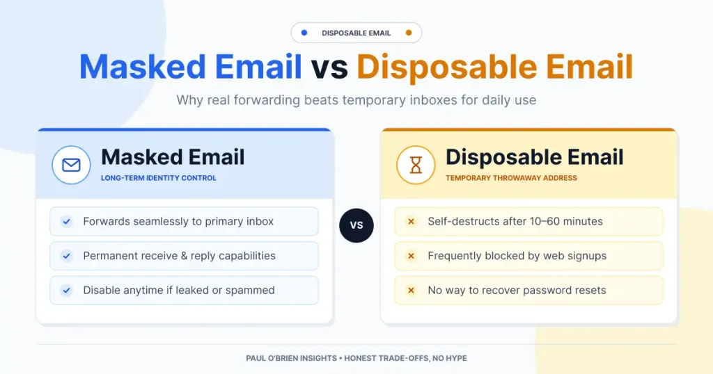 A light-themed feature graphic titled "Masked Email vs Disposable Email", comparing the features of permanent masked forwarding addresses against temporary throwaway inboxes side-by-side.