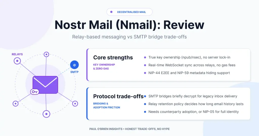 A feature comparison card for a Nostr Mail review comparing key-based ownership strengths against SMTP bridge trade-offs.