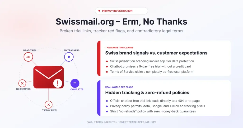 Infographic titled "Swissmail.org – Erm, No Thanks" detailing marketing claims (Swiss privacy branding) and real-world red flags (404 trial link, Meta/TikTok ad trackers, no refunds).