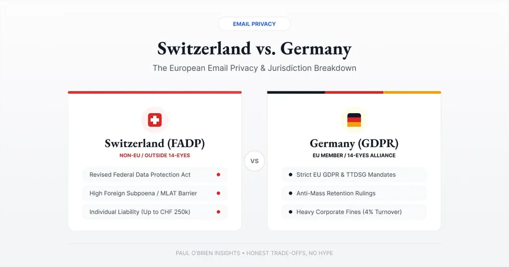 Feature graphic comparing Swiss and German email privacy laws, detailing FADP vs GDPR, surveillance alliances, and legal protections.