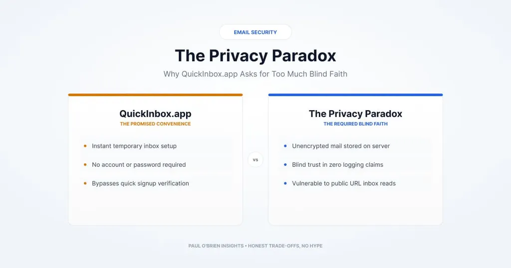A clean, dual-panel feature graphic comparing the features of QuickInbox.app. The left panel shows the benefits, such as instant setup and no accounts, while the right panel details