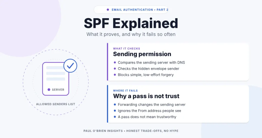 SPF Explained header graphic: a server with an allowed senders list and a tick, beside cards on what SPF checks and why a pass is not trust.