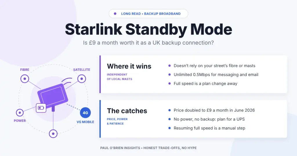 Starlink dish linked to fibre, satellite, power and 4G, with its strengths and catches as a backup